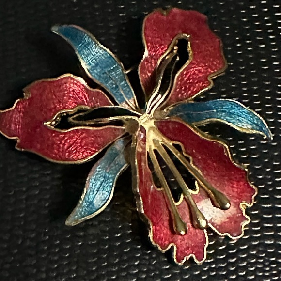 Vintage gold-plated burgundy/blue cloisonne enamel orchid broach - Picture 10 of 10